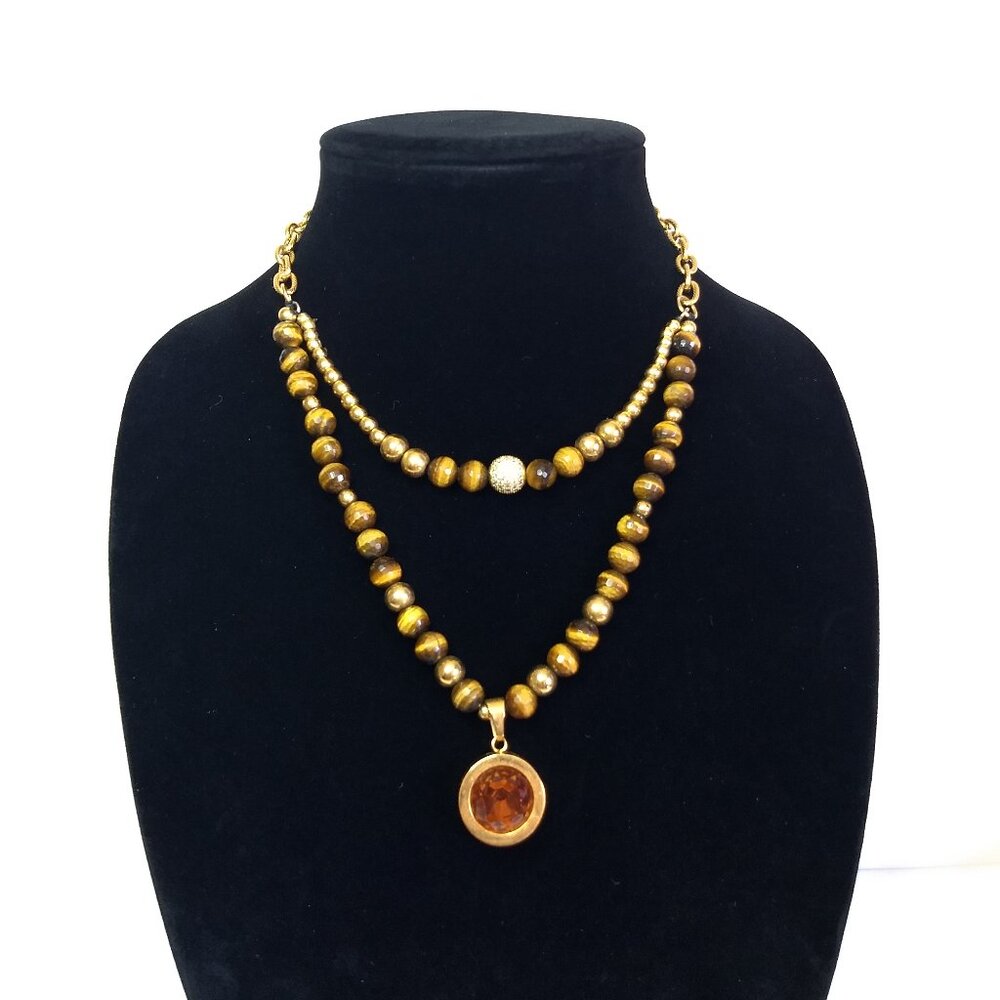Tigers Eye Faceted Stone Bead Two Strand Gold Tone Necklace Pendant Statement